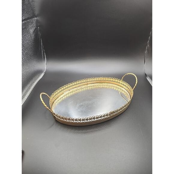 Vtg Hollywood Regency Gold Toned Filigree Oval Vanity Mirror Tray 9.25" - Picture 1 of 4